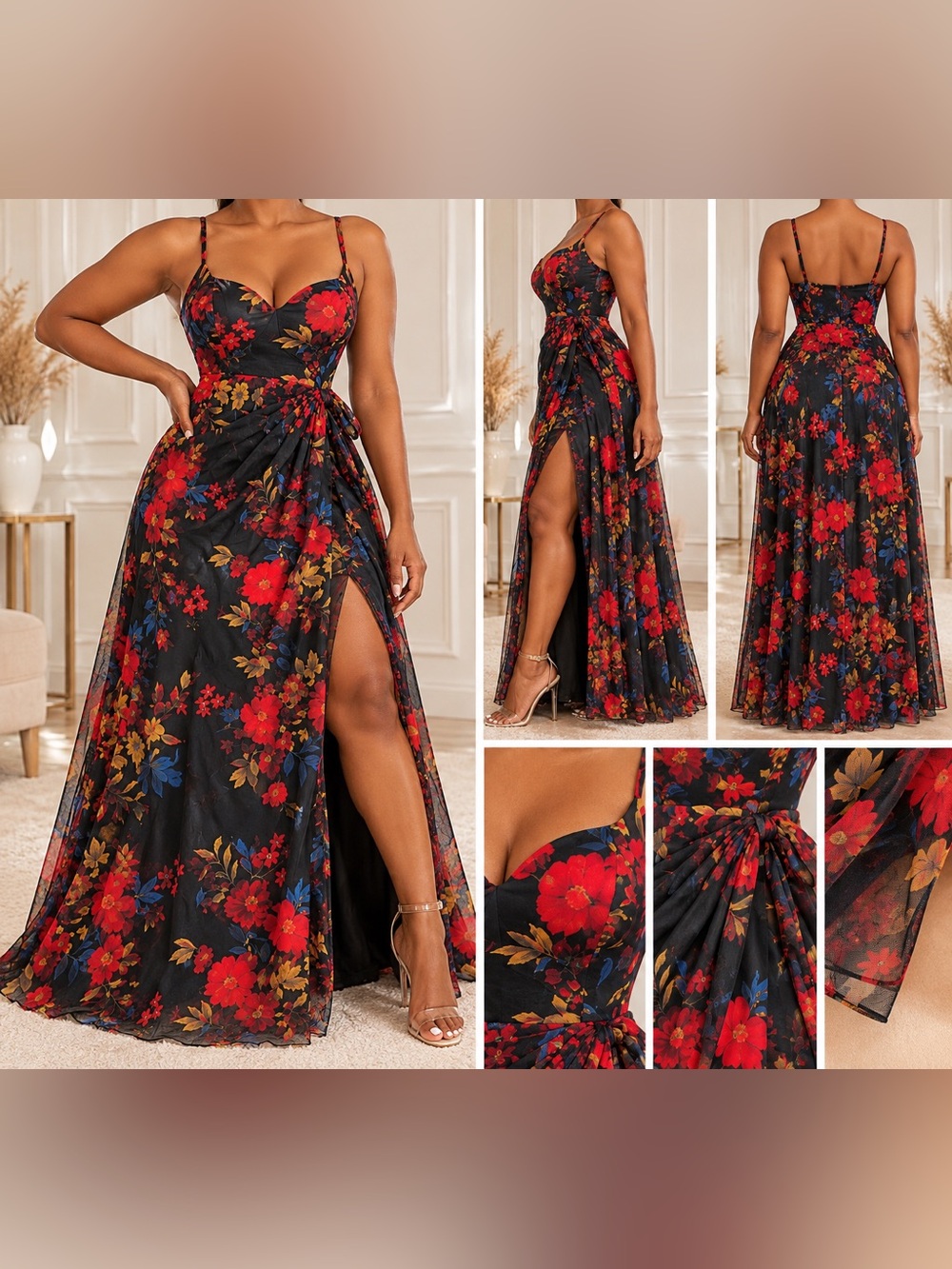 Floral Sweetheart Neckline Black & Red Evening Dress